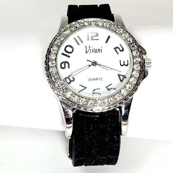 Vivani Womens Watch Rhinestone Crystal Face Rubber Band New Battery Works Great! - Picture 2 of 12